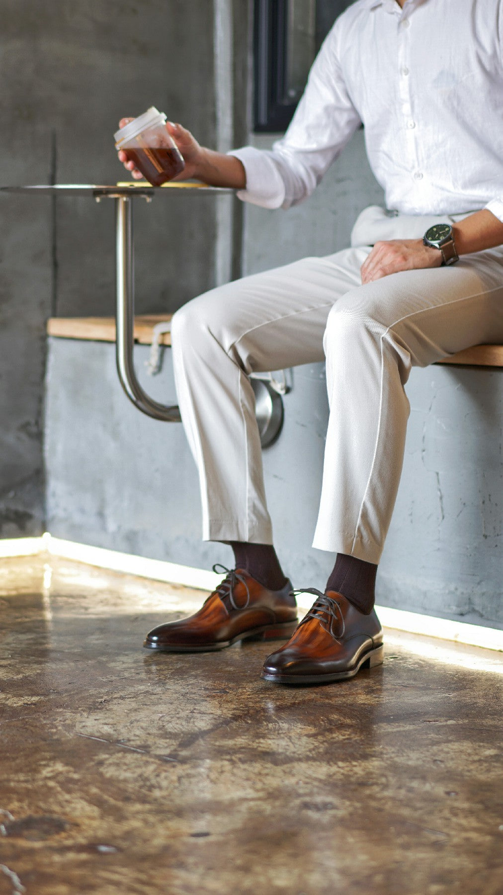 Tan Patina Stroke Finish Effect Derby Lace Up Shoes - Pointed Toe | Hides&Cult