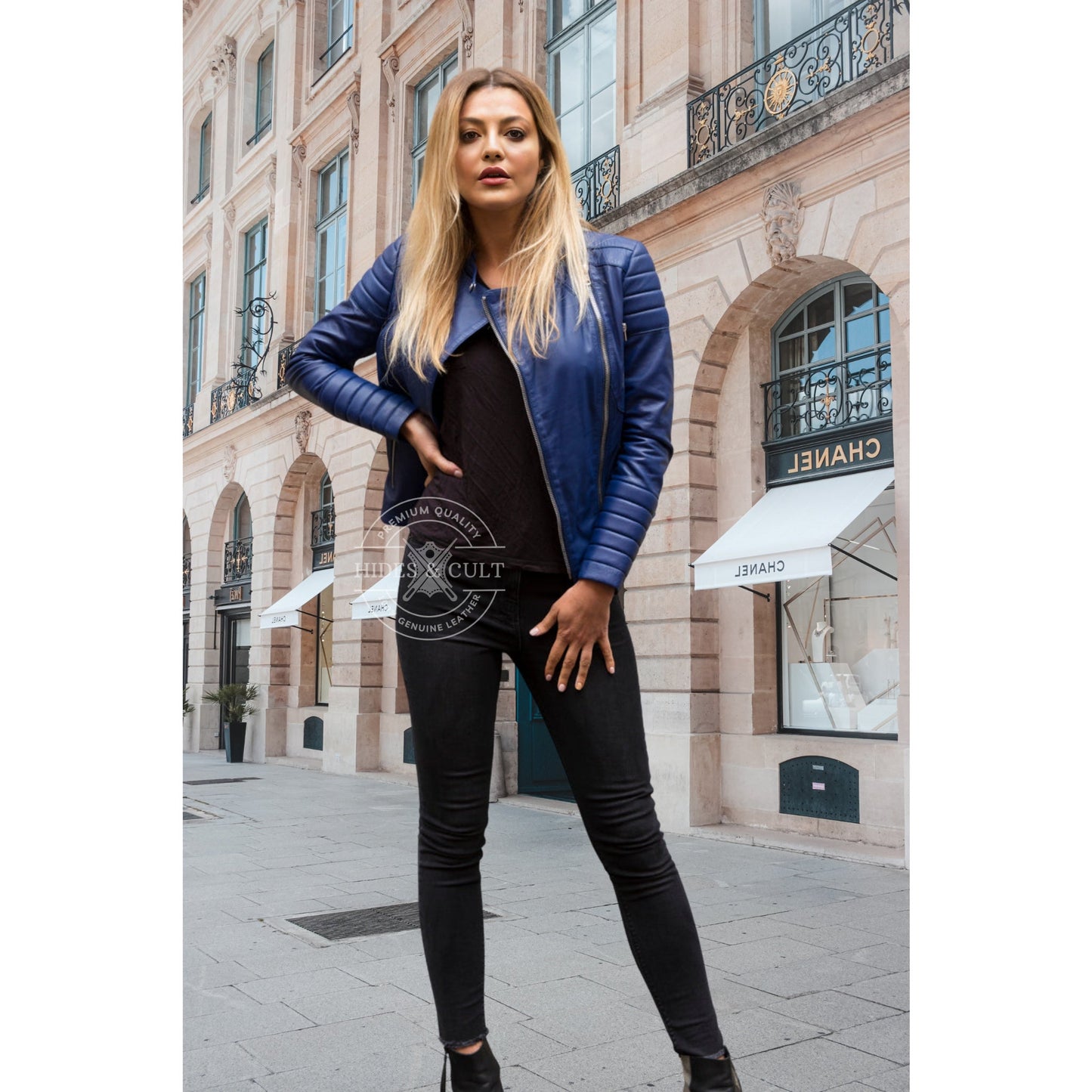 Womens Blue Quilted Motorcycle Genuine Leather Jacket