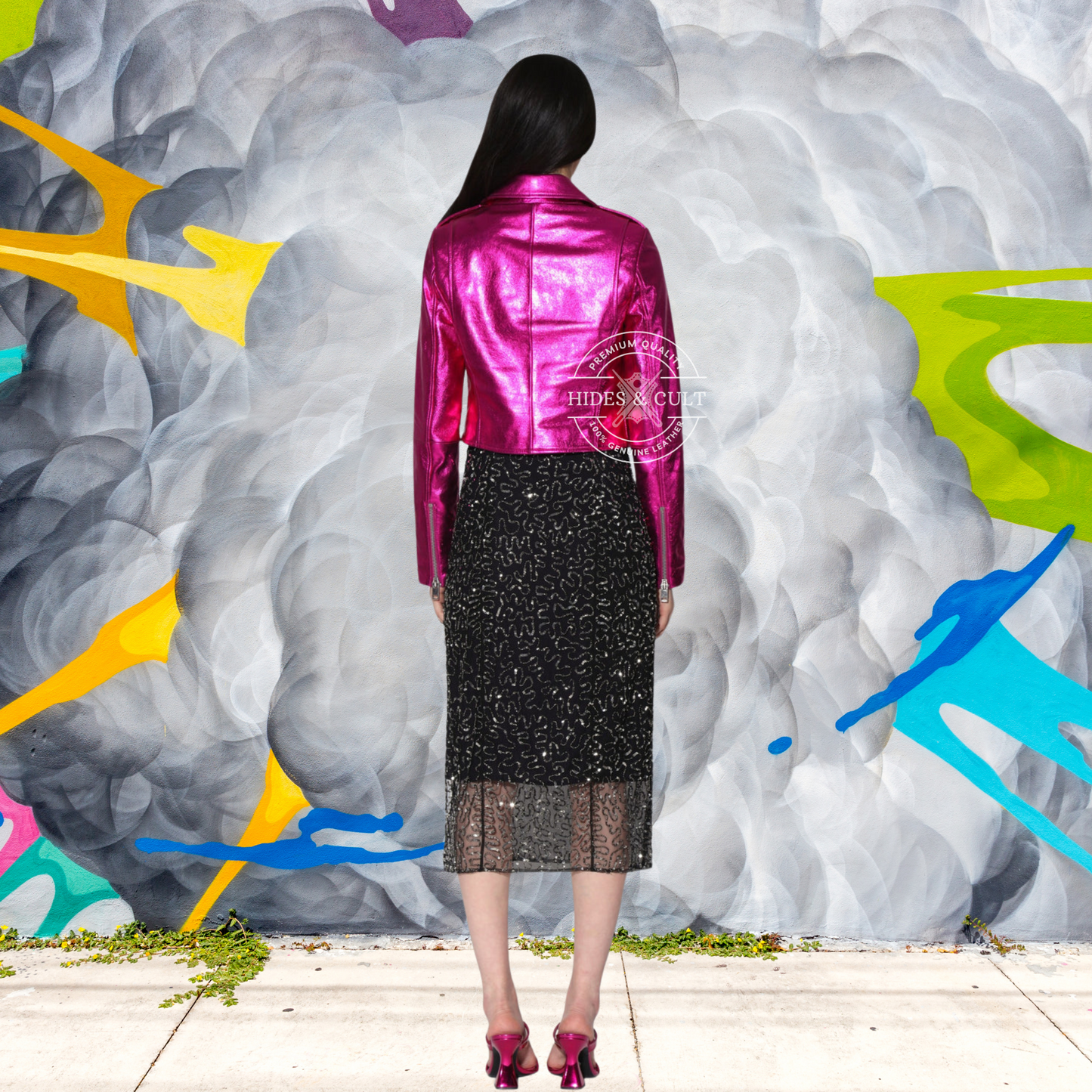 Womens Fuchsia Pink Metallic Foil Effect Motorcycle Biker Genuine Leather Jacket