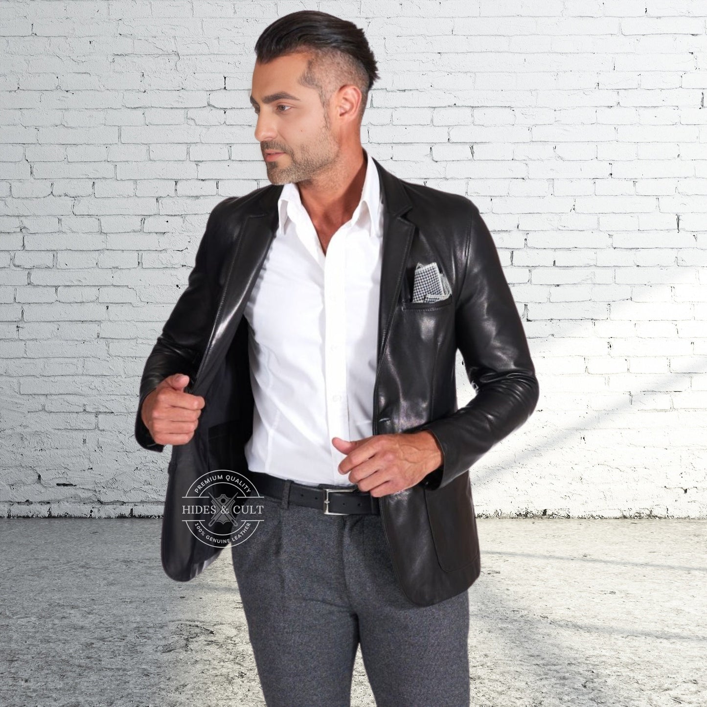 Mens Black Slim Fit Business Leather Blazer