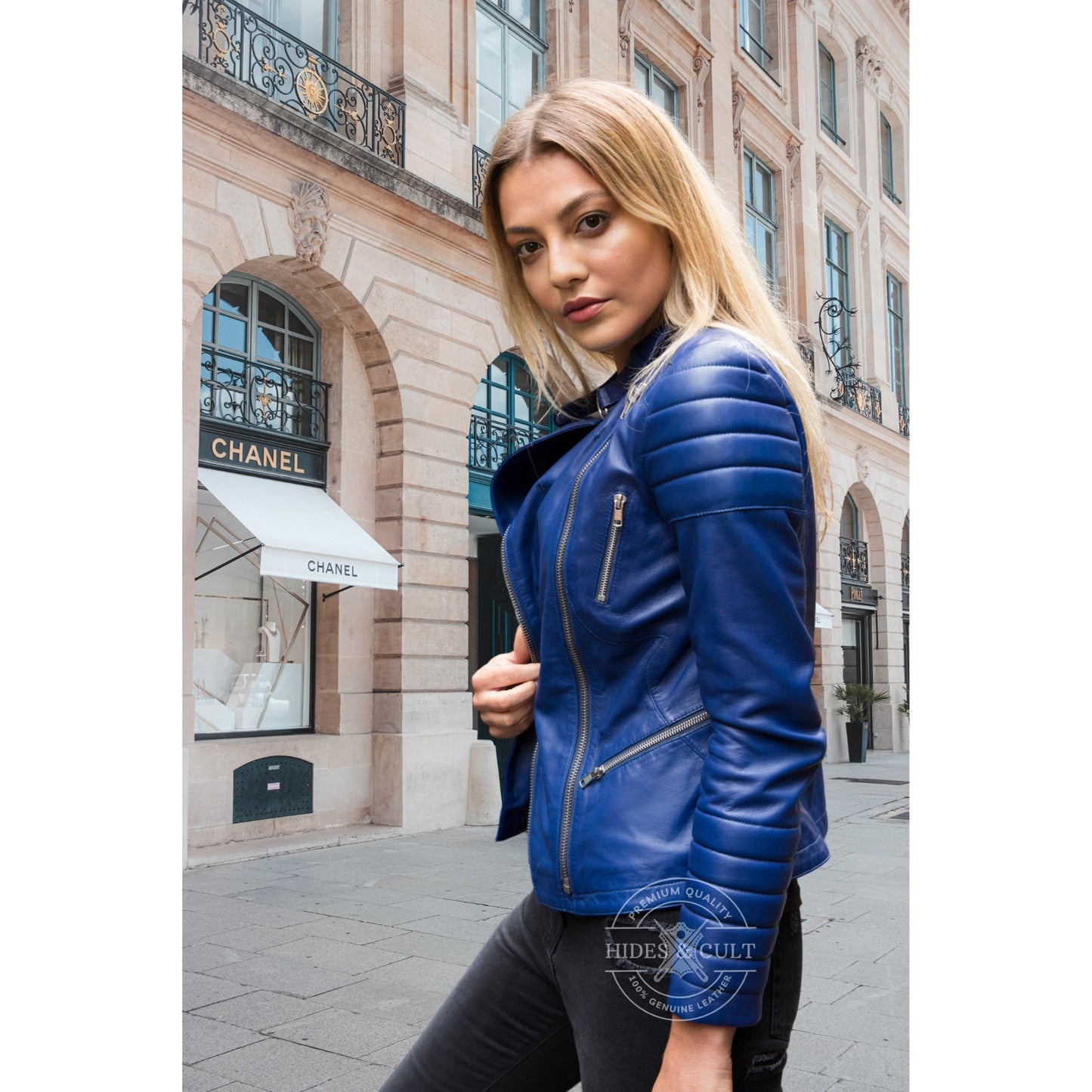 Womens Blue Quilted Motorcycle Genuine Leather Jacket