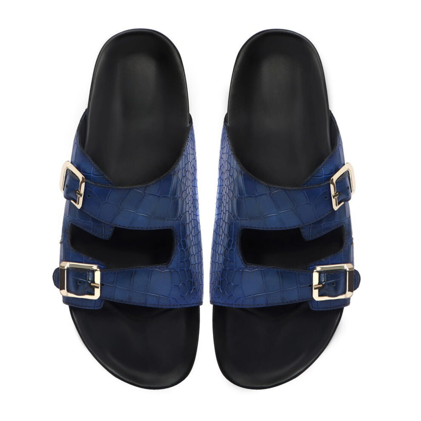 Boston Two Strap Adjustable Slippers in Royal Blue Croco Deep Cut Leather Men's | Hides&Cult