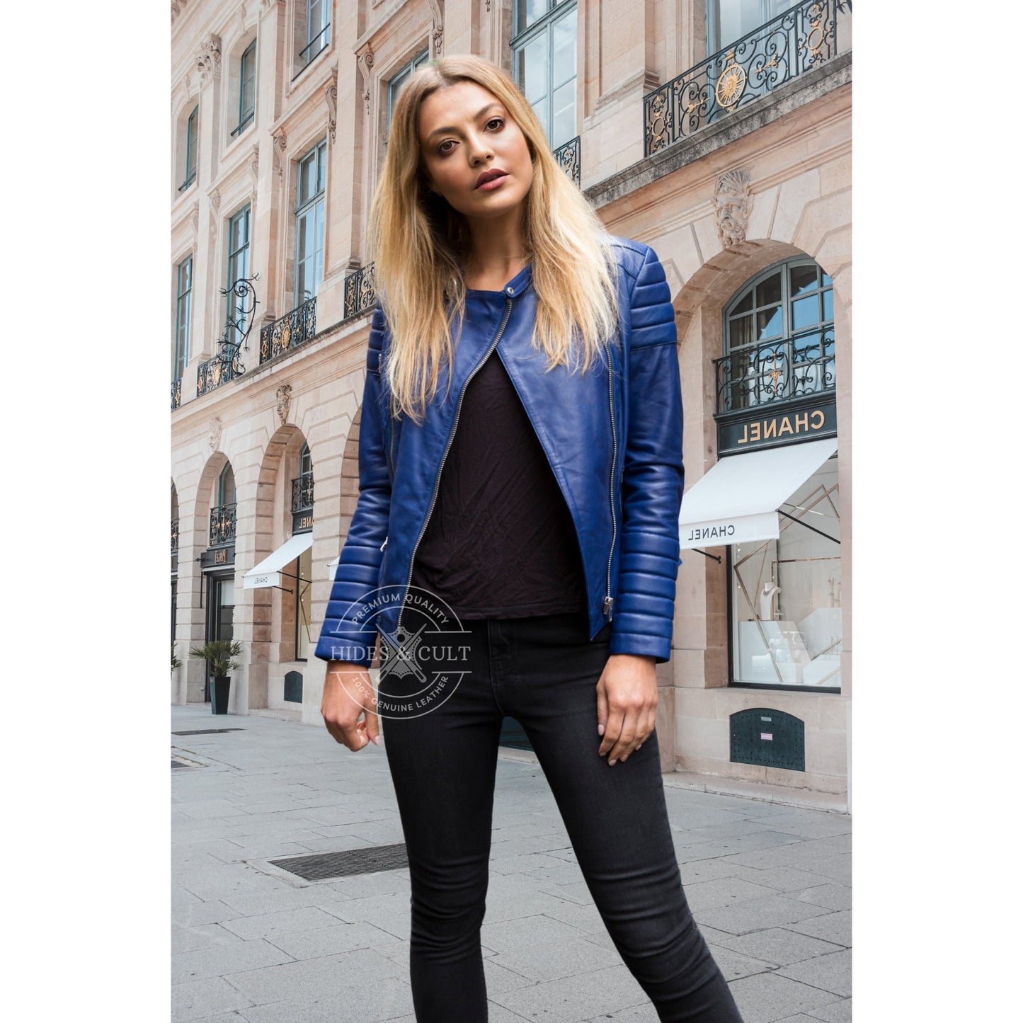 Womens Blue Quilted Motorcycle Genuine Leather Jacket