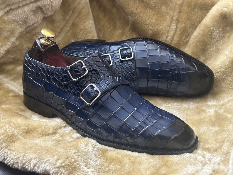 Croco Double Monk Strap Shoes - Deep Blue | Hides&Cult