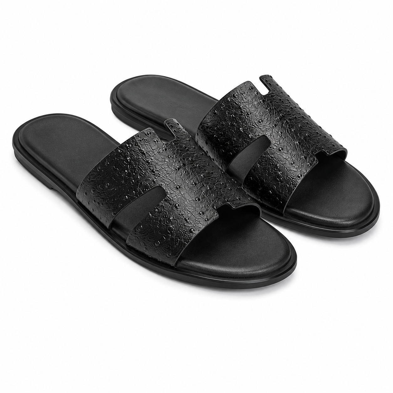 Austin Mens Slippers in Black Ostrich Leather | Hides&Cult