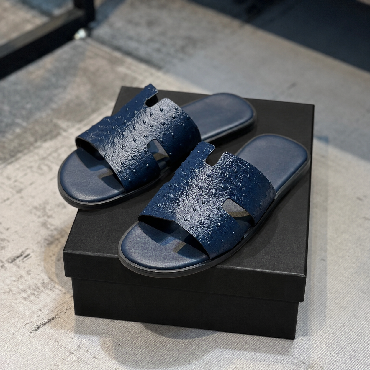 Austin Mens Slippers in Blue Ostrich Leather | Hides&Cult