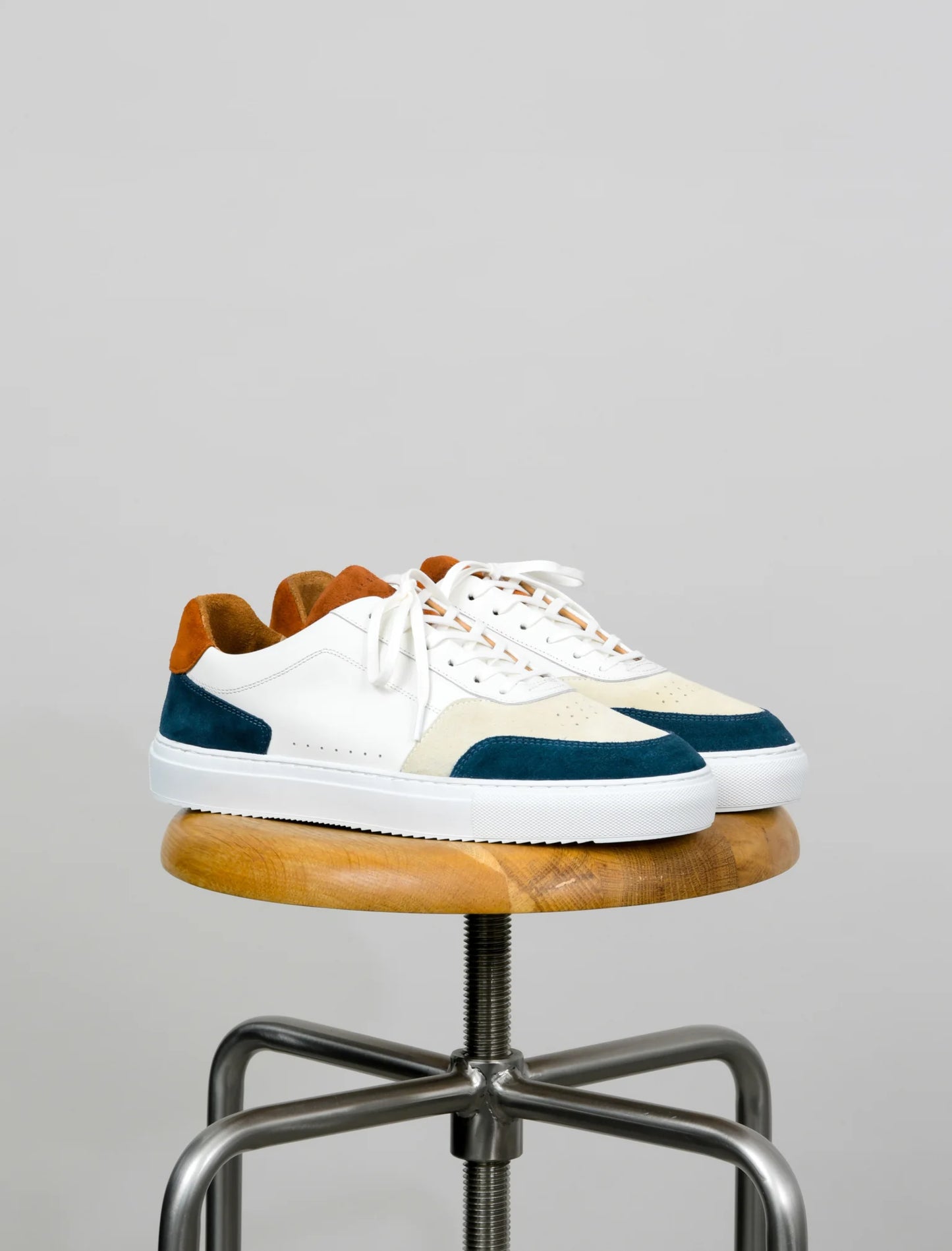 Mens White & Rust Brown - Blue Colorblocked Genuine Leather Sneakers
