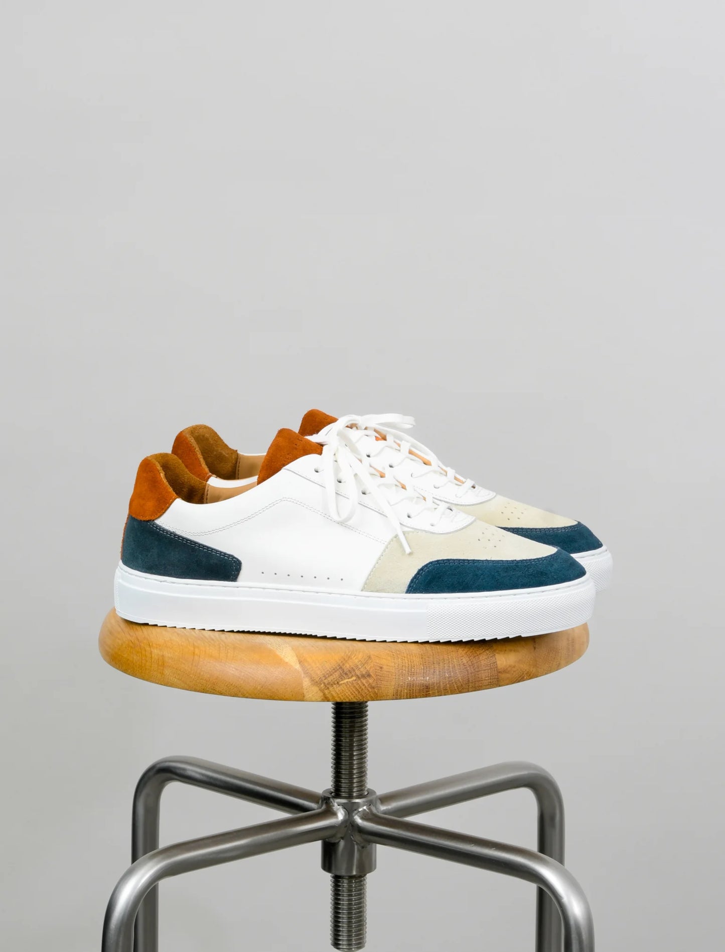 Mens White & Rust Brown - Blue Colorblocked Genuine Leather Sneakers