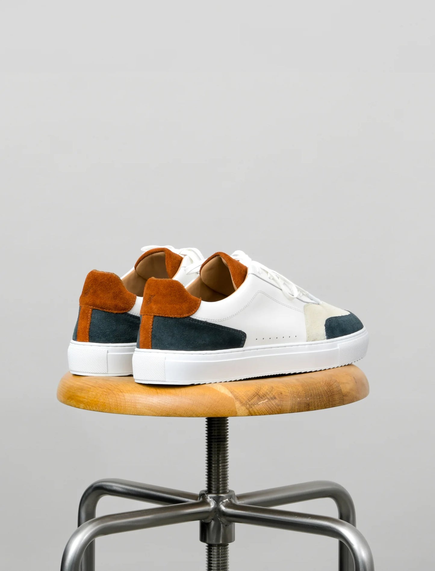 Mens White & Rust Brown - Blue Colorblocked Genuine Leather Sneakers