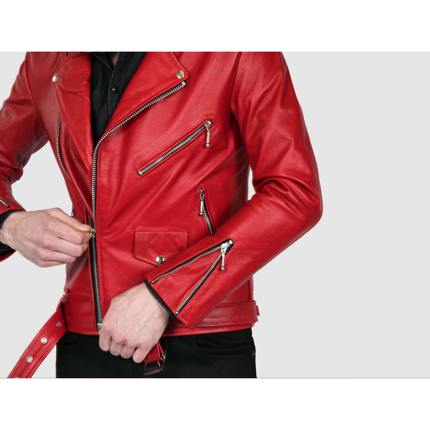 Men's Red Slim Fit Motorcycle Biker Belted Leather Jacket