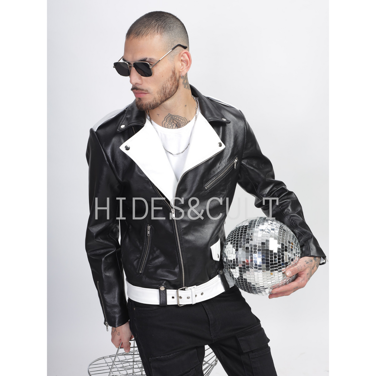 Men's Black - White Two Tone Slim Fit Motorcycle Biker Belted Leather Jacket