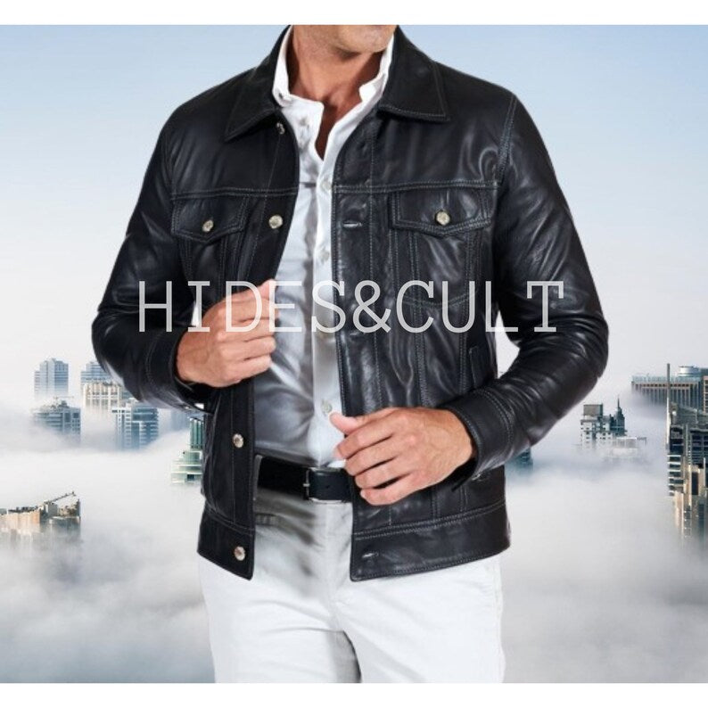 Men's Royal Blue Slim Fit Denim Trucker Leather Jacket