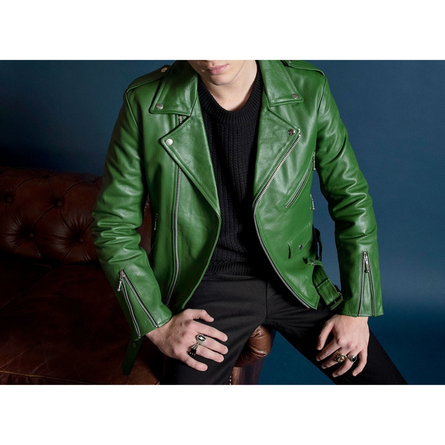 Mens Cactus Green Slim Fit Motorcycle Biker Belted Leather Jacket