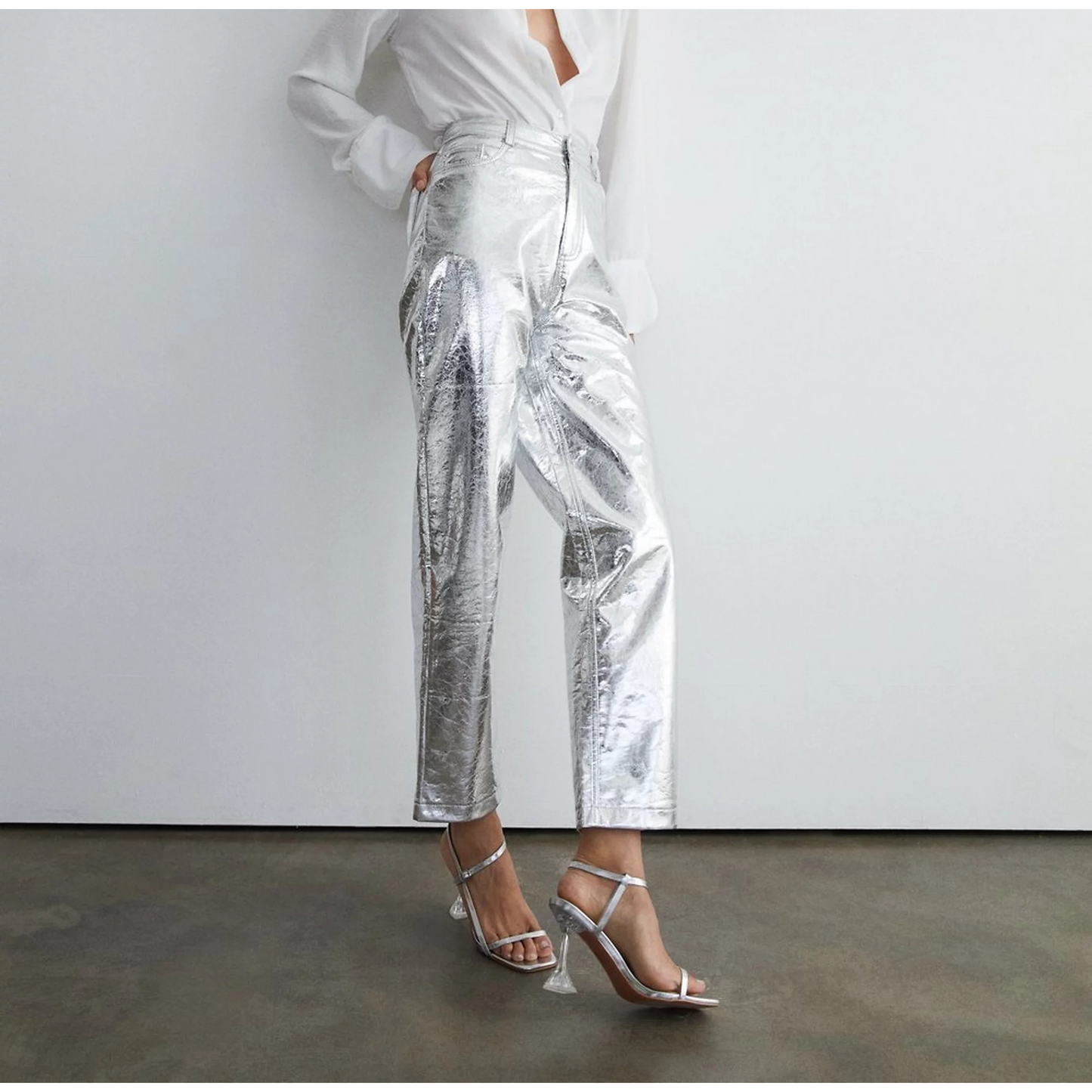 Women's Pink Crackle Metallic Foil Straight Leg Western Leather Pants
