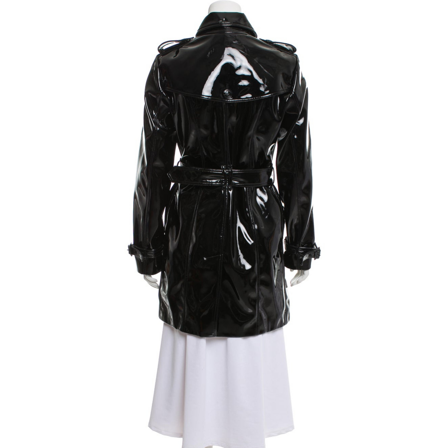 Women's Black Patent Vinyl Effect Double Breasted Real Leather Trench Coat