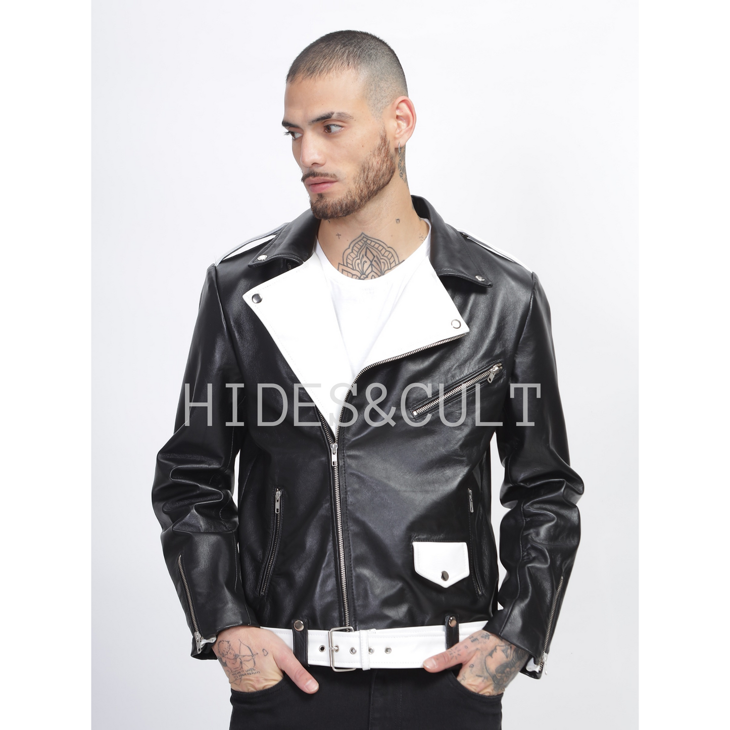 Men's Black - White Two Tone Slim Fit Motorcycle Biker Belted Leather Jacket