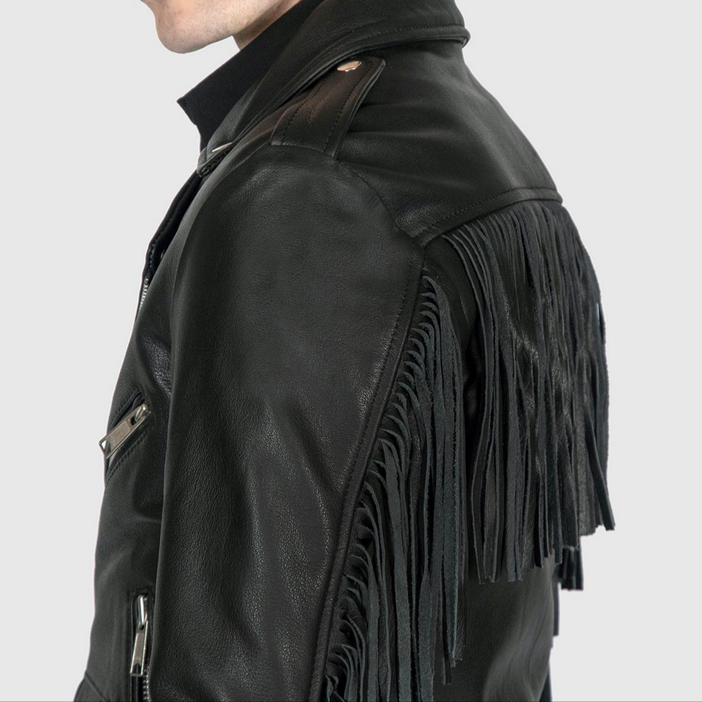 Mens Black Fringed Slim Fit Motorcycle Biker Belted Leather Jacket