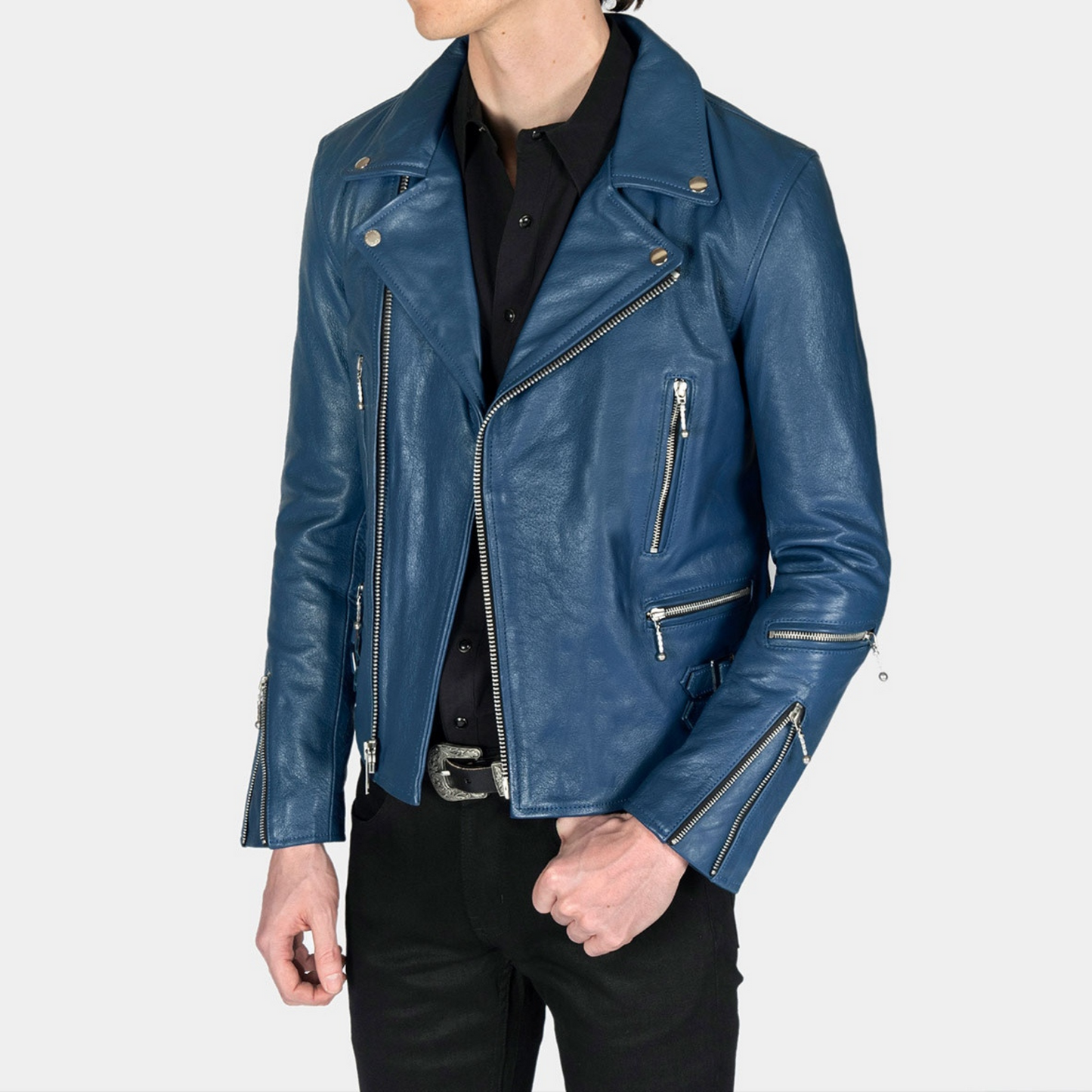 Mens Navy Blue Slim Fit Motorcycle Biker Leather Jacket