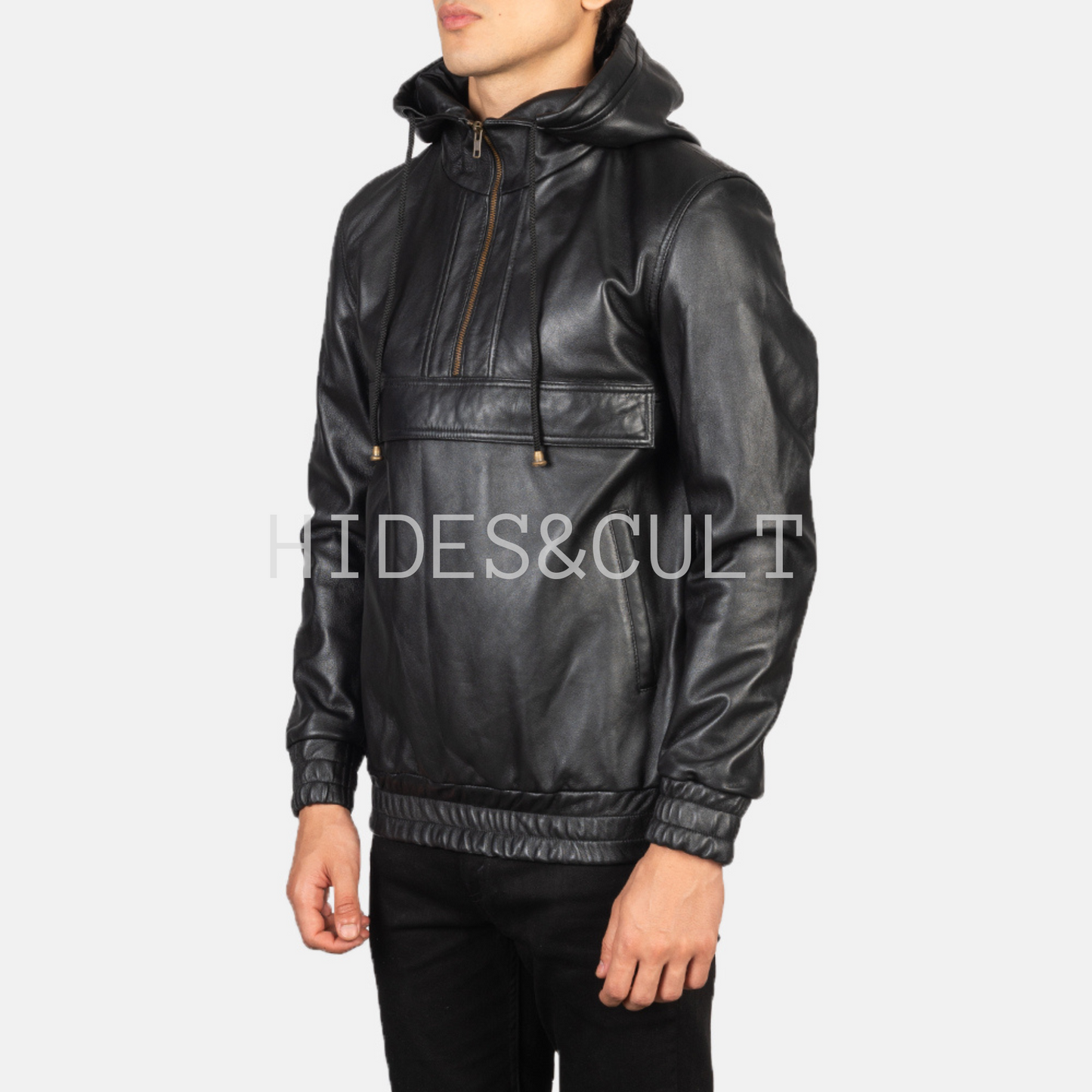 Men's Black Genuine Lambskin Leather Hooded Pullover Jacket