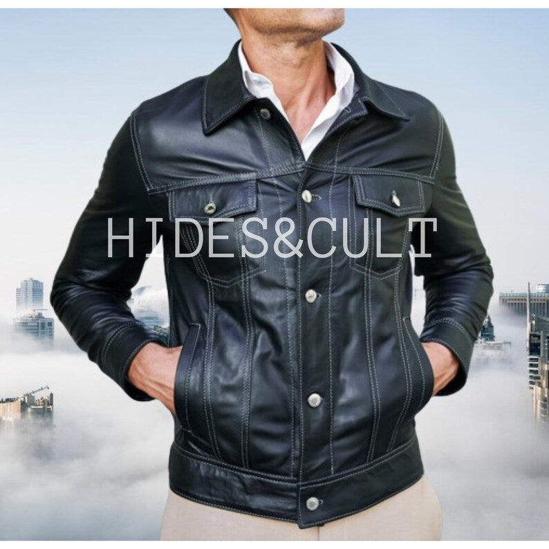 Men's Royal Blue Slim Fit Denim Trucker Leather Jacket