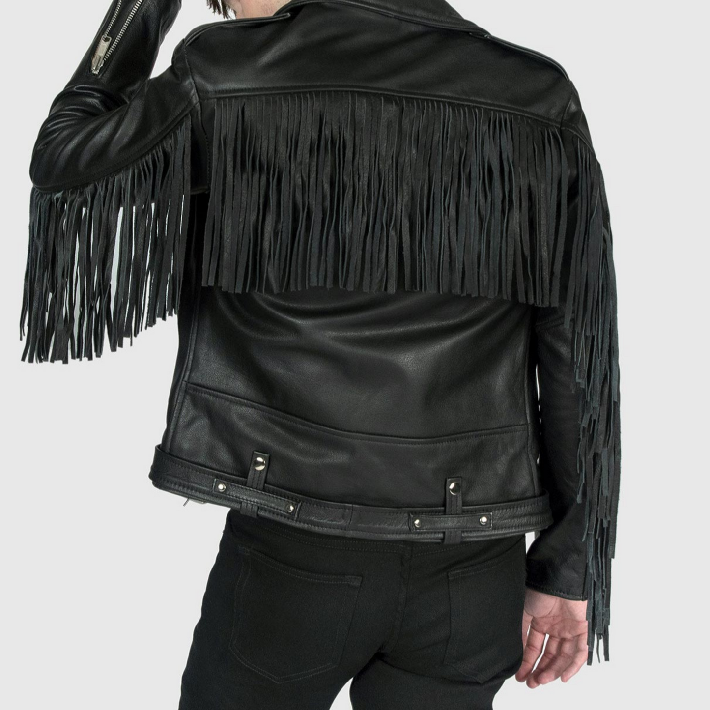 Mens Black Fringed Slim Fit Motorcycle Biker Belted Leather Jacket