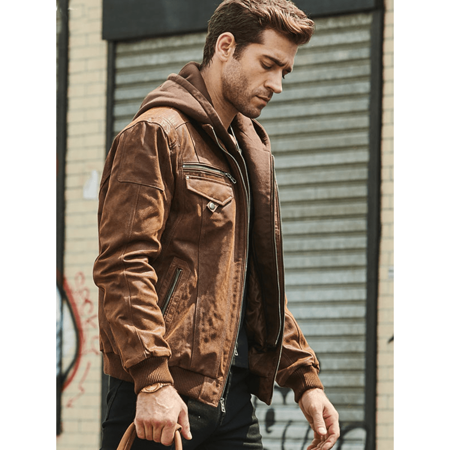 Mens Brown Suede Nubuck Bomber Style Motorcycle Leather Jacket with detachable Brown Fleece Hood