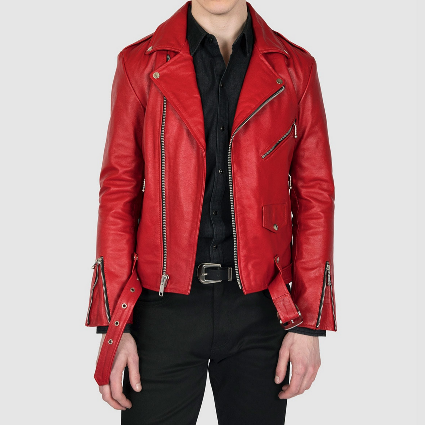 Men's Red Slim Fit Motorcycle Biker Belted Leather Jacket