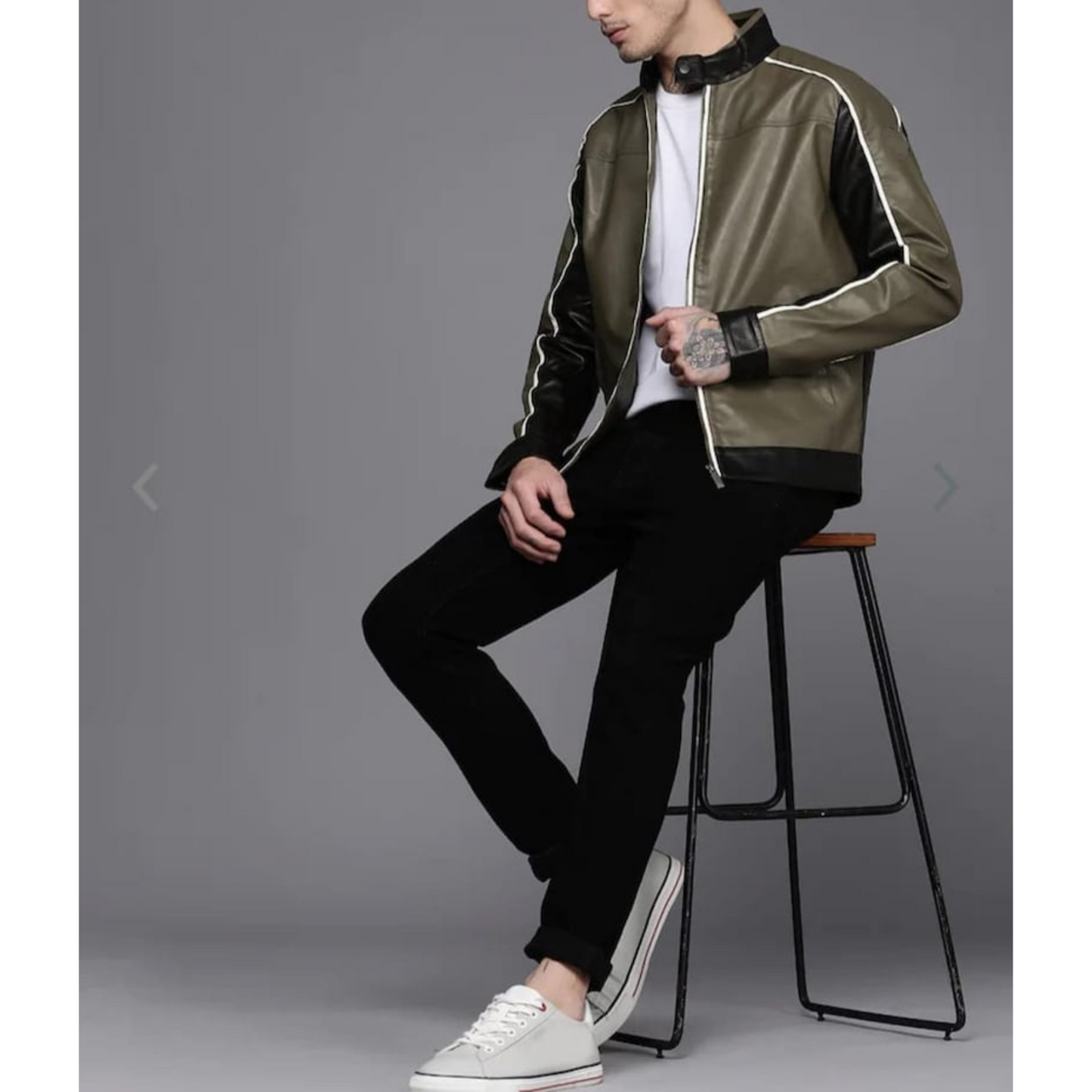 Mens Olive Green Color Blocked Leather Jacket