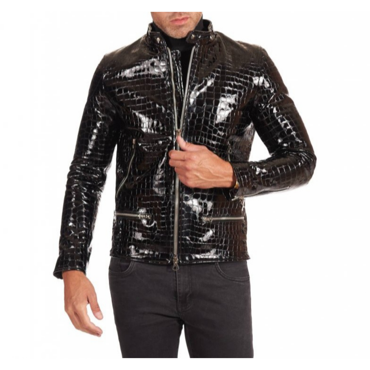 Mens Black Patent Croc Embossed Effect Motorcycle Biker Leather Jacket