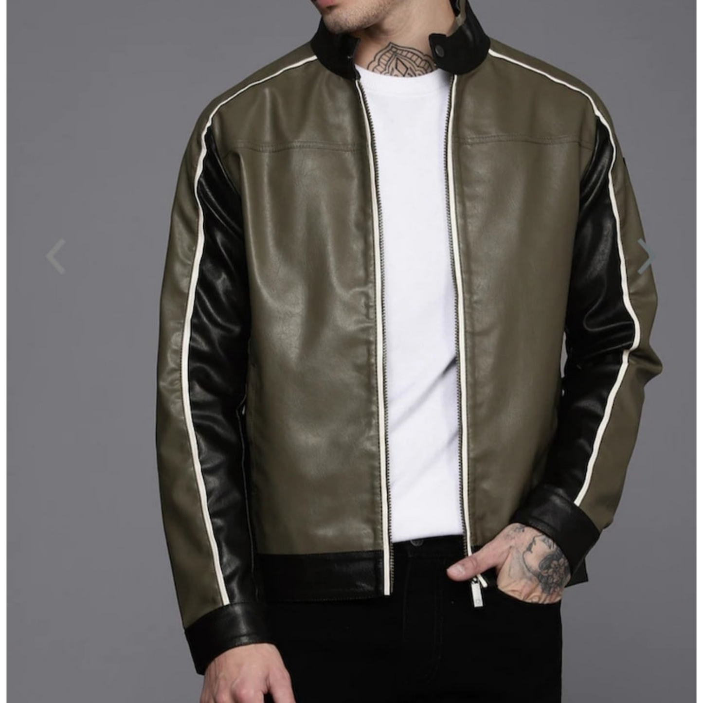 Mens Olive Green Color Blocked Leather Jacket