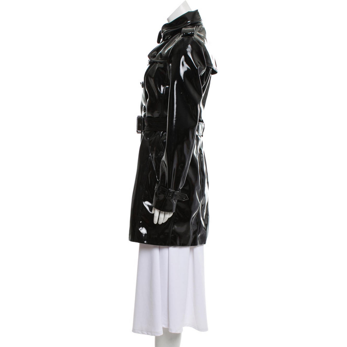 Women's Black Patent Vinyl Effect Double Breasted Real Leather Trench Coat