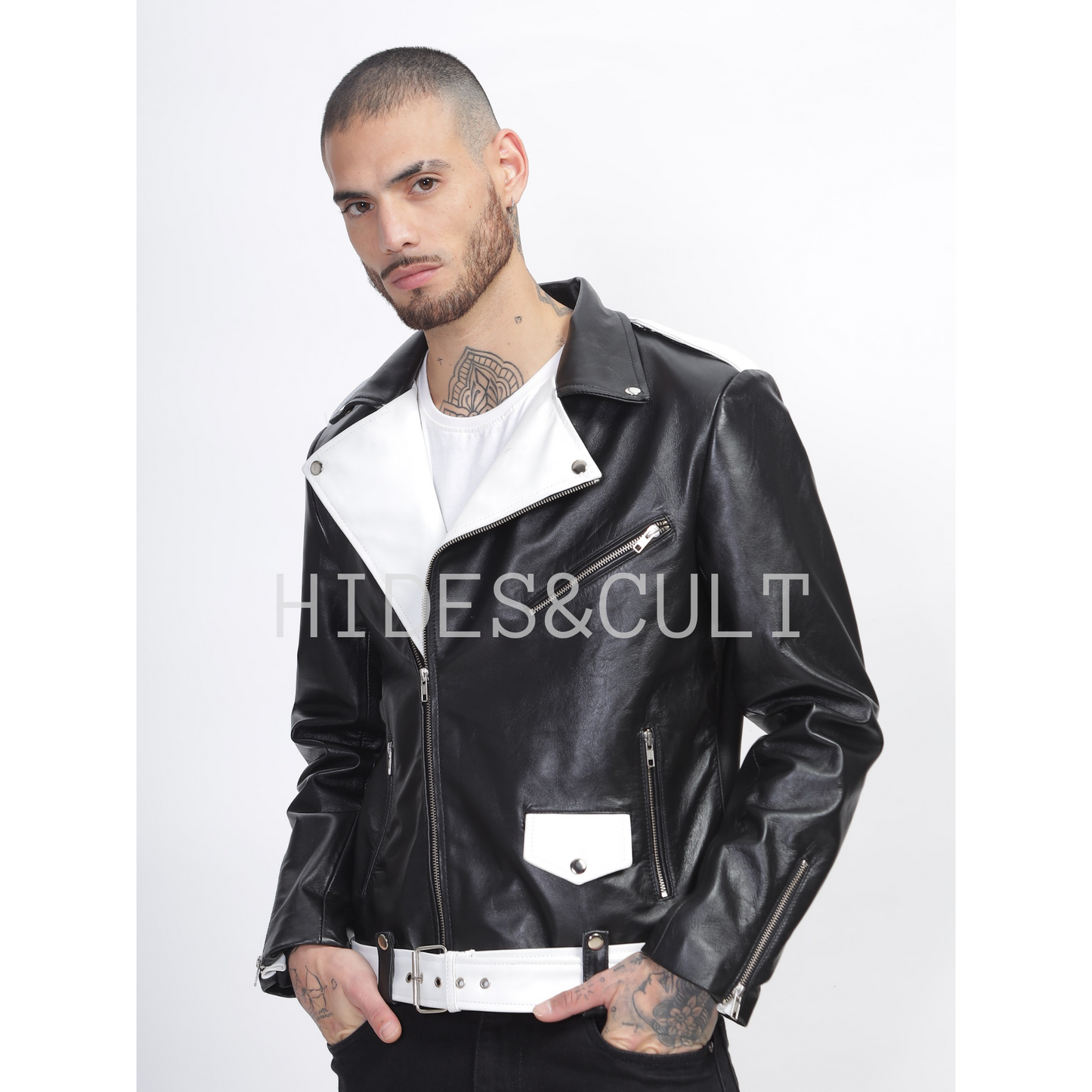 Men's Black - White Two Tone Slim Fit Motorcycle Biker Belted Leather Jacket