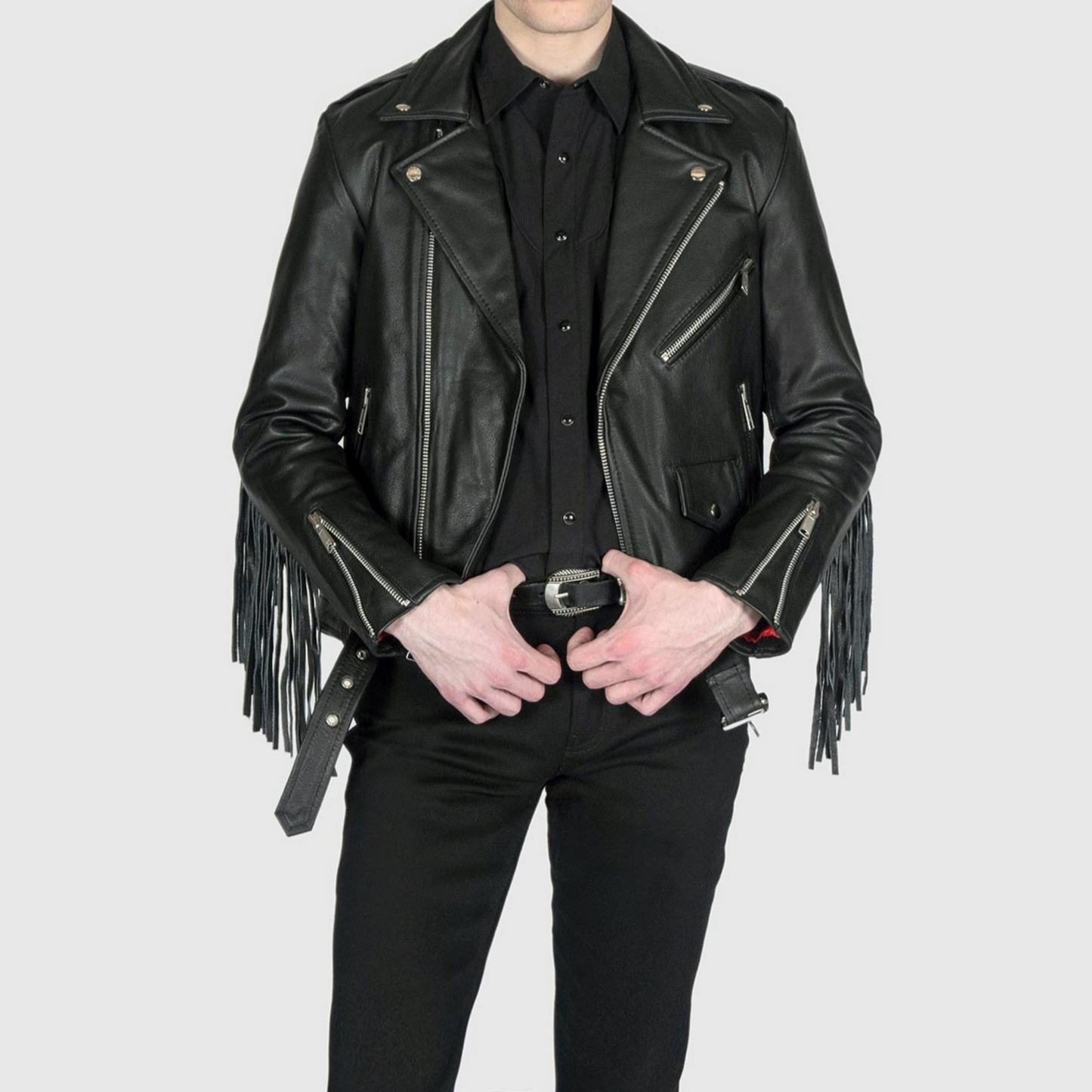 Mens Black Fringed Slim Fit Motorcycle Biker Belted Leather Jacket