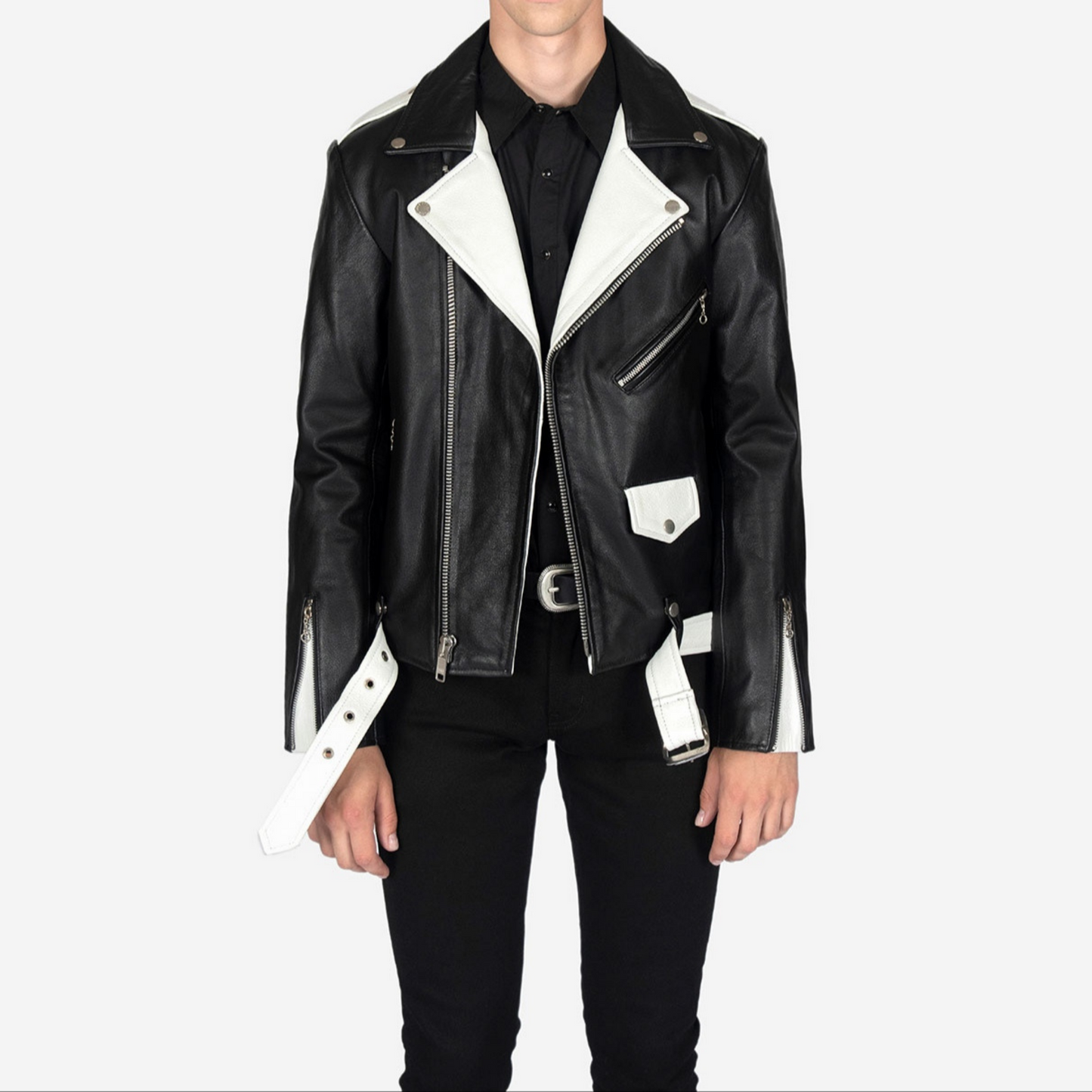 Men's Black - White Two Tone Slim Fit Motorcycle Biker Belted Leather Jacket