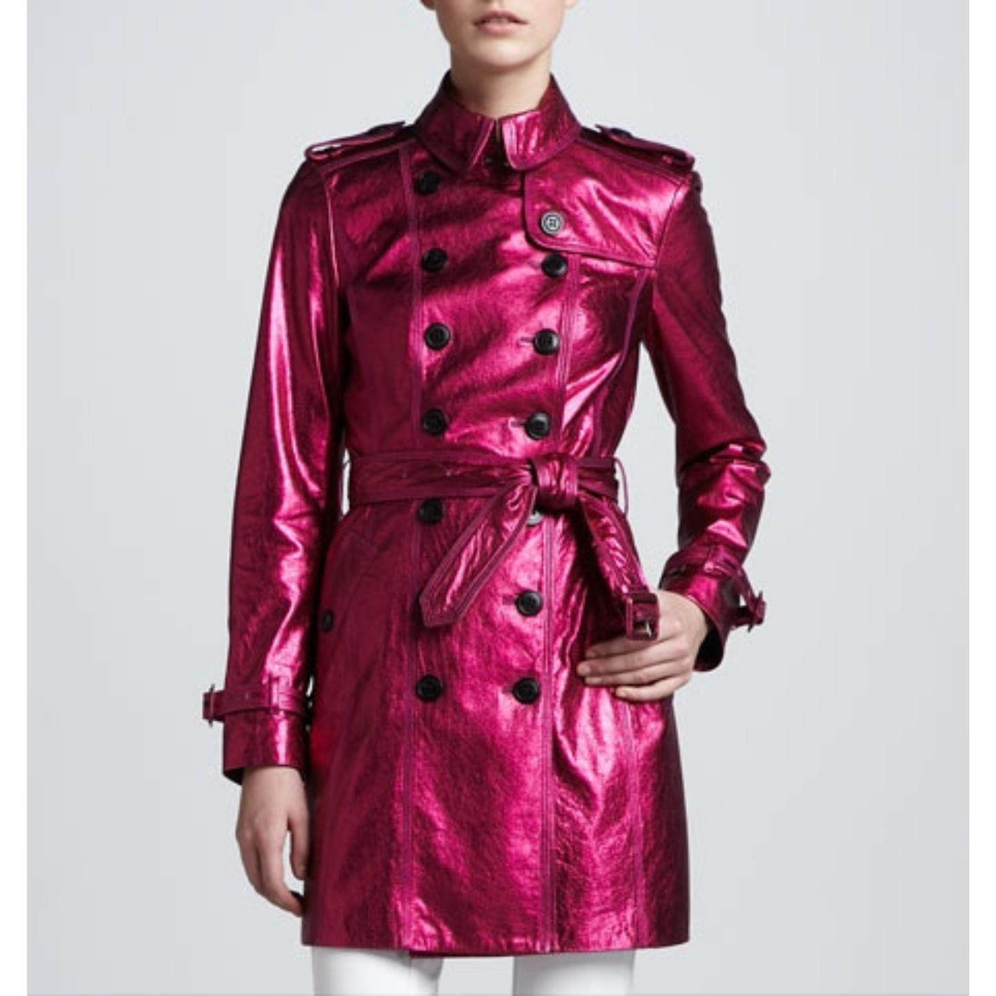 Womens Fuchsia Pink Metallic Foil Effect Double Breasted Real Leather Trench Coat