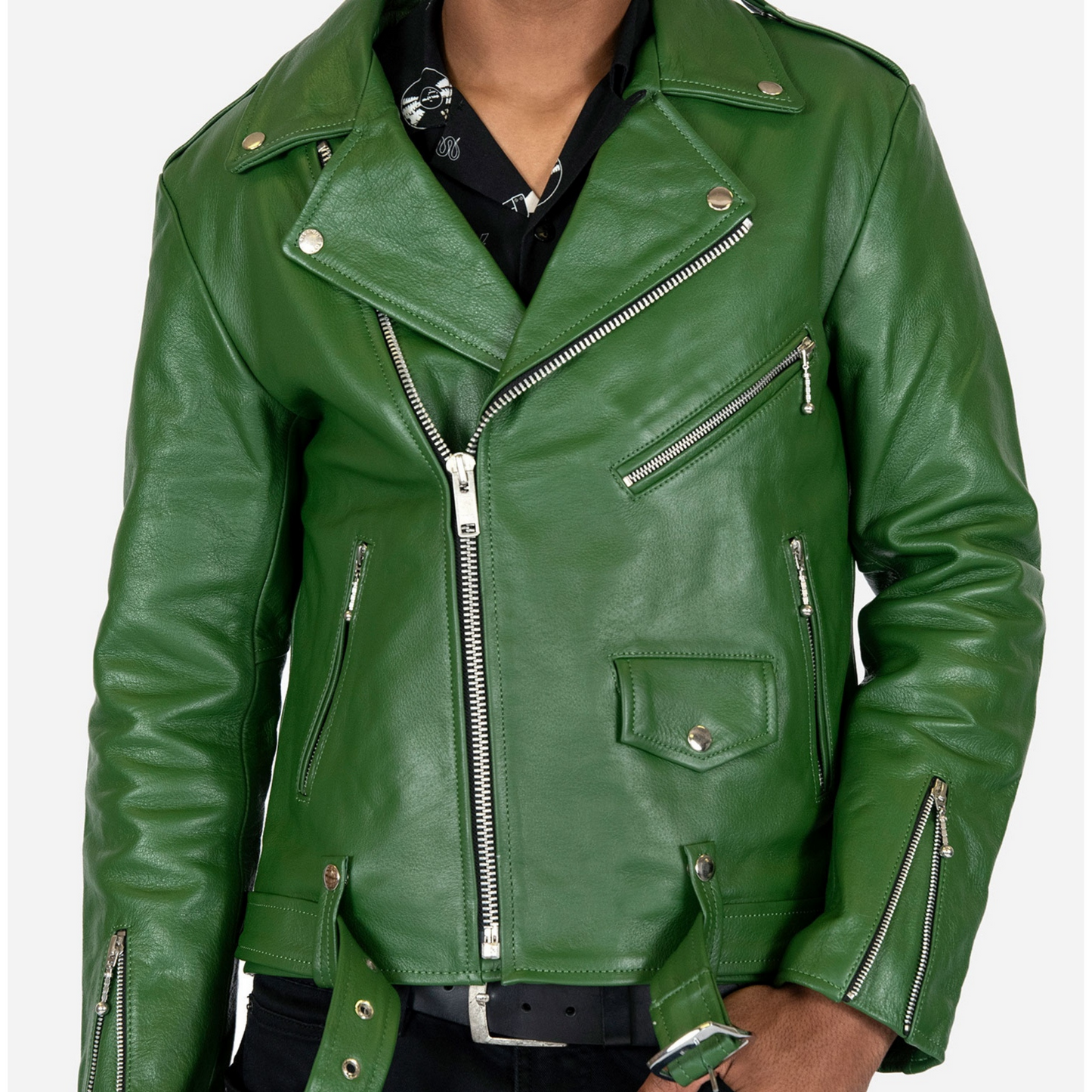 Mens Cactus Green Slim Fit Motorcycle Biker Belted Leather Jacket