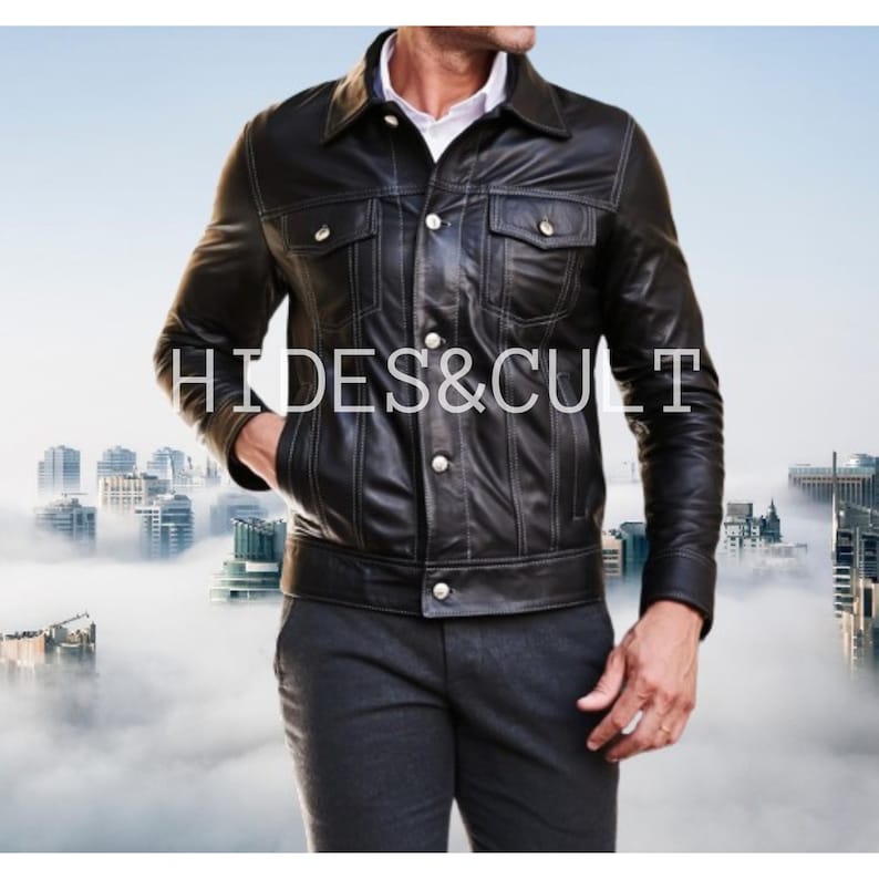 Men's Royal Blue Slim Fit Denim Trucker Leather Jacket