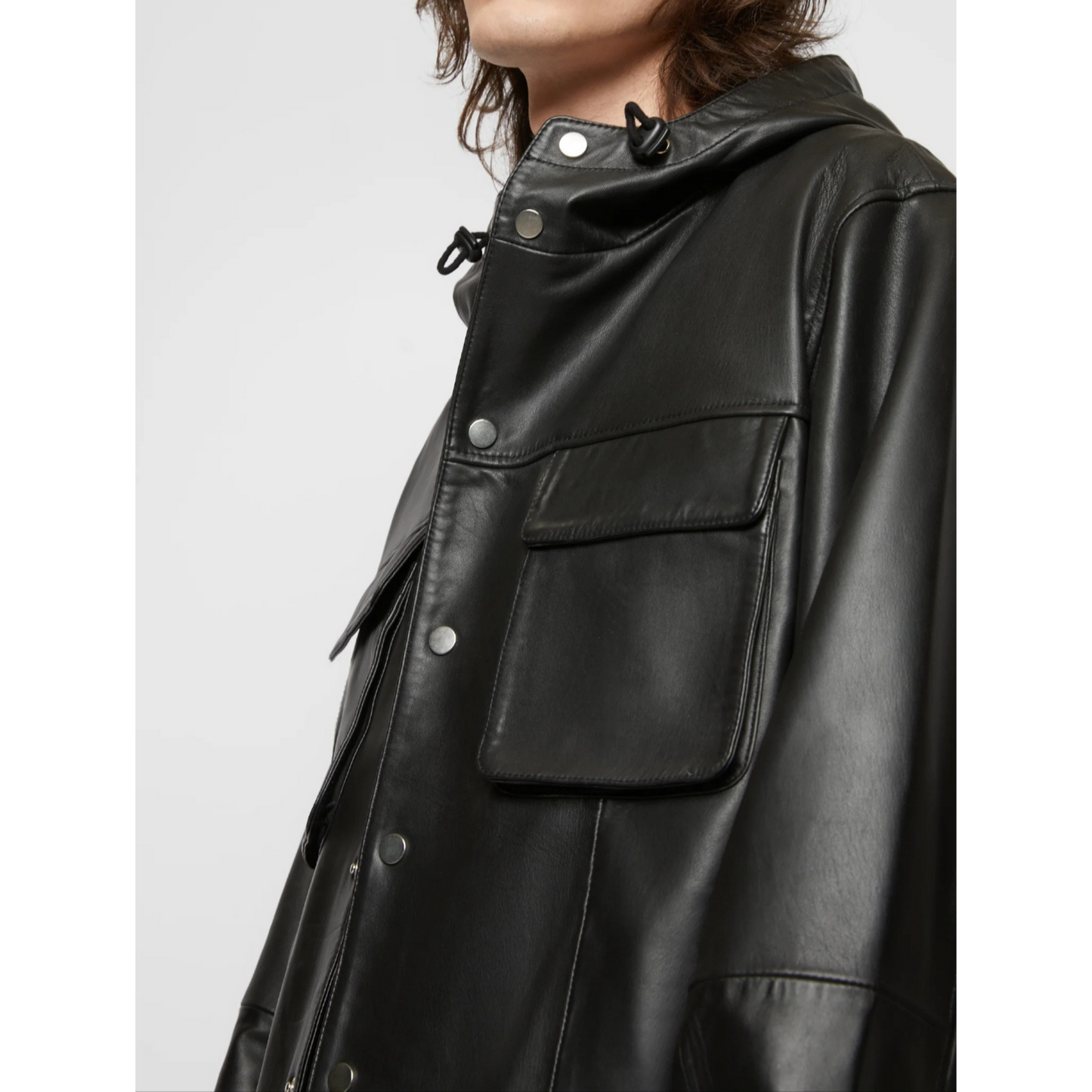 Mens Black Bomber Style Hooded Genuine Leather Sweatshirt