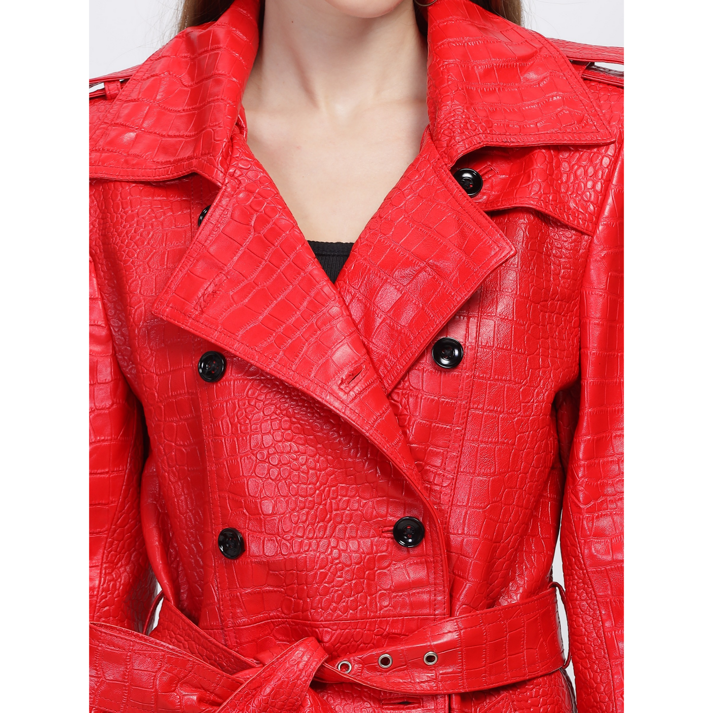 Womens Red Croc Embossed Effect Double Breasted Leather Trench Coat