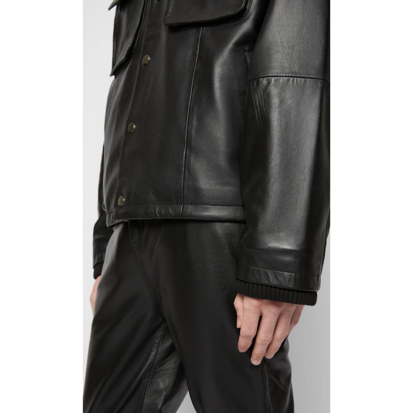 Mens Black Bomber Style Hooded Genuine Leather Sweatshirt