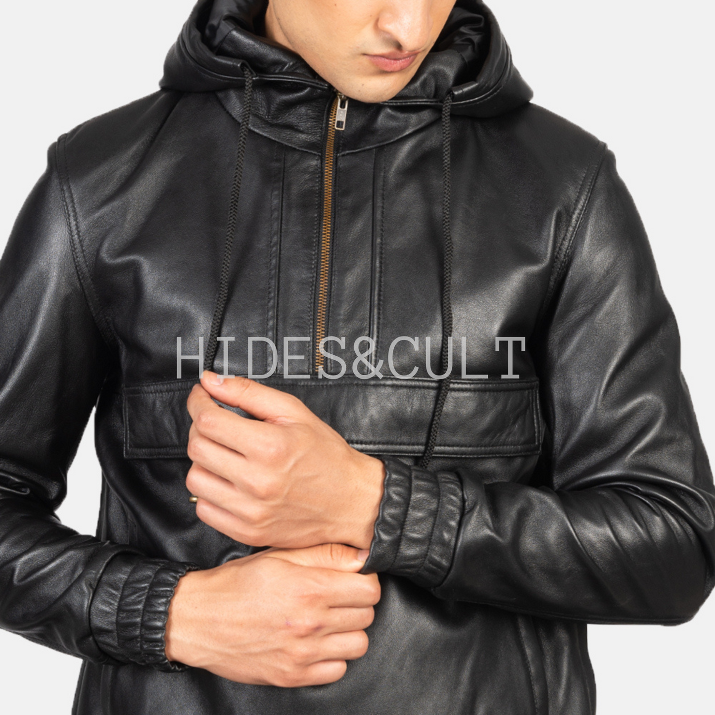 Men's Black Genuine Lambskin Leather Hooded Pullover Jacket