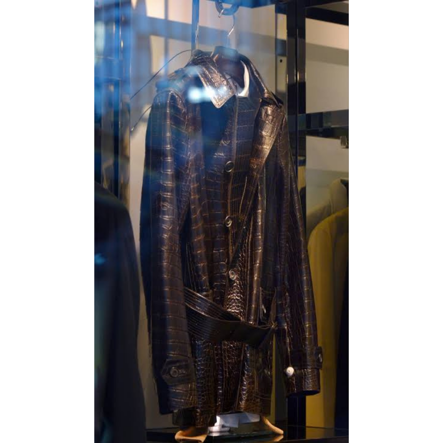 Mens Rich Brown Croc Embossed Effect Belted Real Leather Trench Coat Short Coat