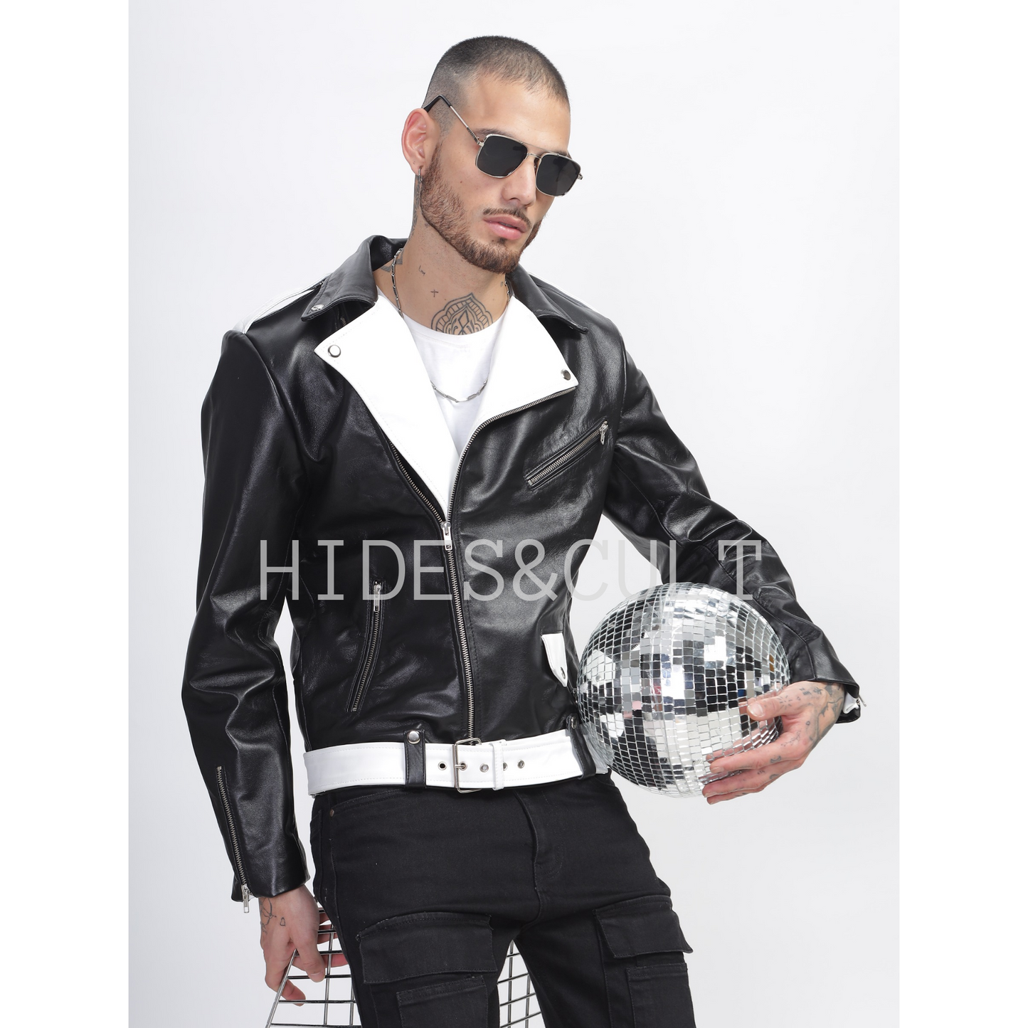 Men's Black - White Two Tone Slim Fit Motorcycle Biker Belted Leather Jacket