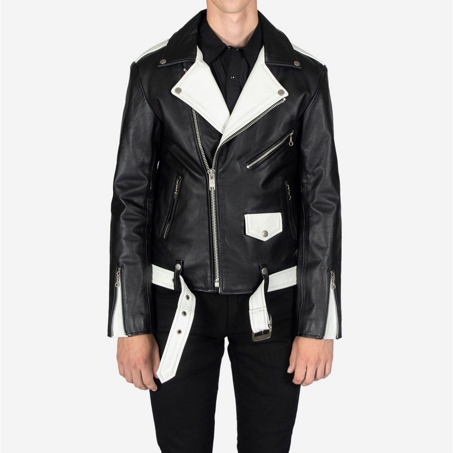 Men's Black - White Two Tone Slim Fit Motorcycle Biker Belted Leather Jacket