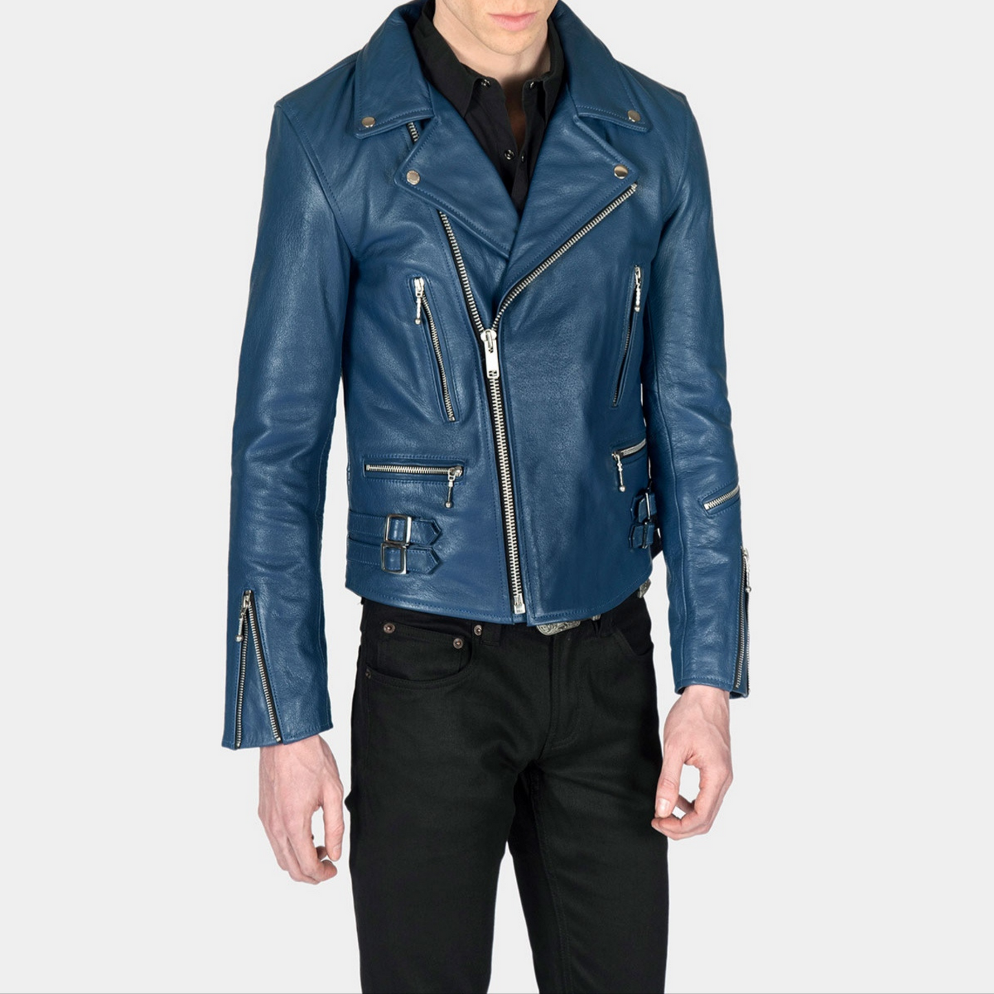 Mens Navy Blue Slim Fit Motorcycle Biker Leather Jacket