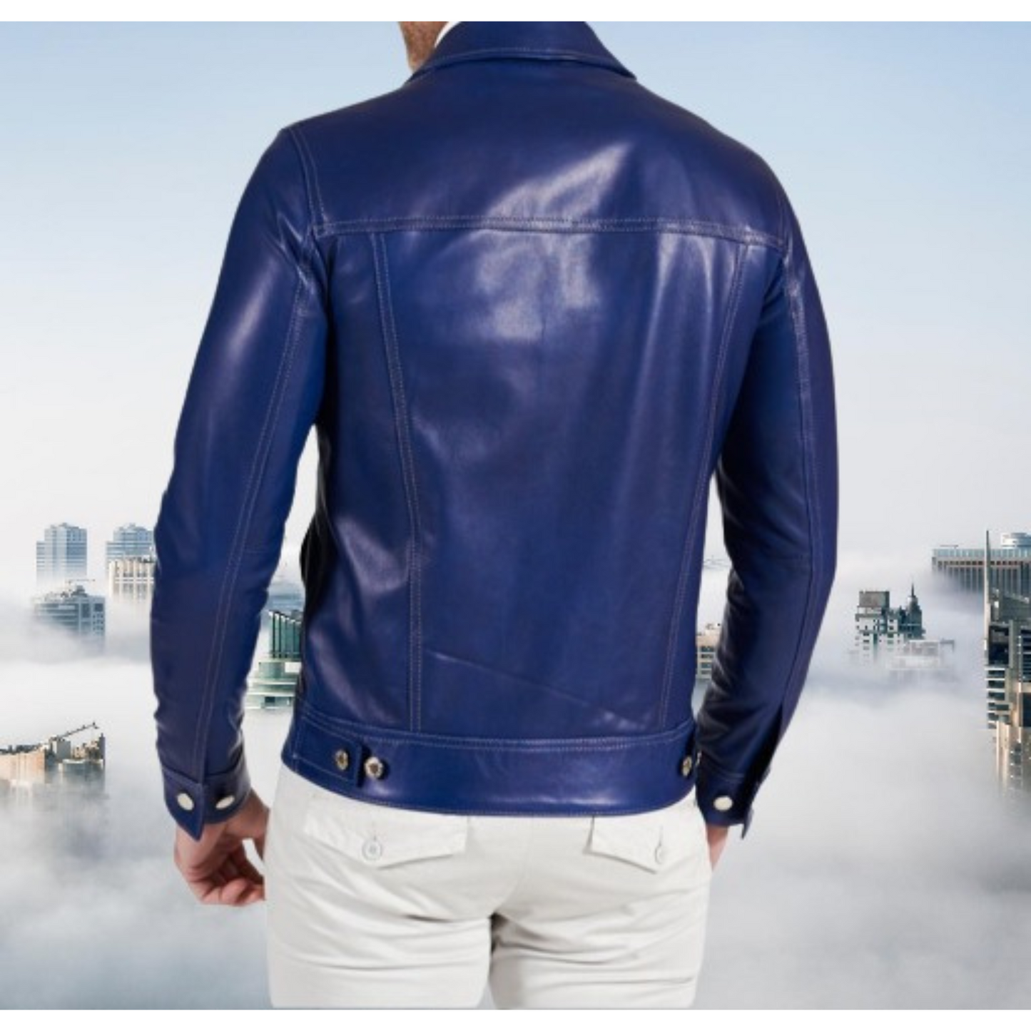 Men's Royal Blue Slim Fit Denim Trucker Leather Jacket