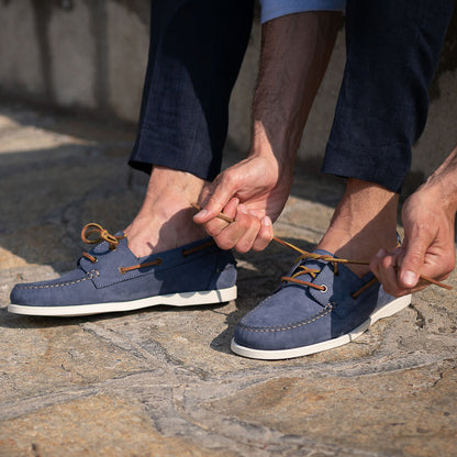 Men's Light Blue - Tobacco Brown Nubuck Laced Boat Shoes | Hides&Cult