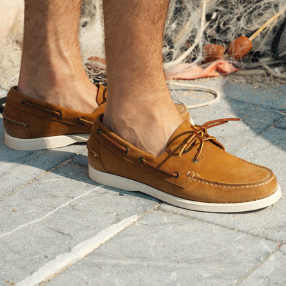 Men's Light Blue - Tobacco Brown Nubuck Laced Boat Shoes | Hides&Cult