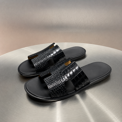 Austin Mens Slippers in Black Croc Leather | Hides&Cult