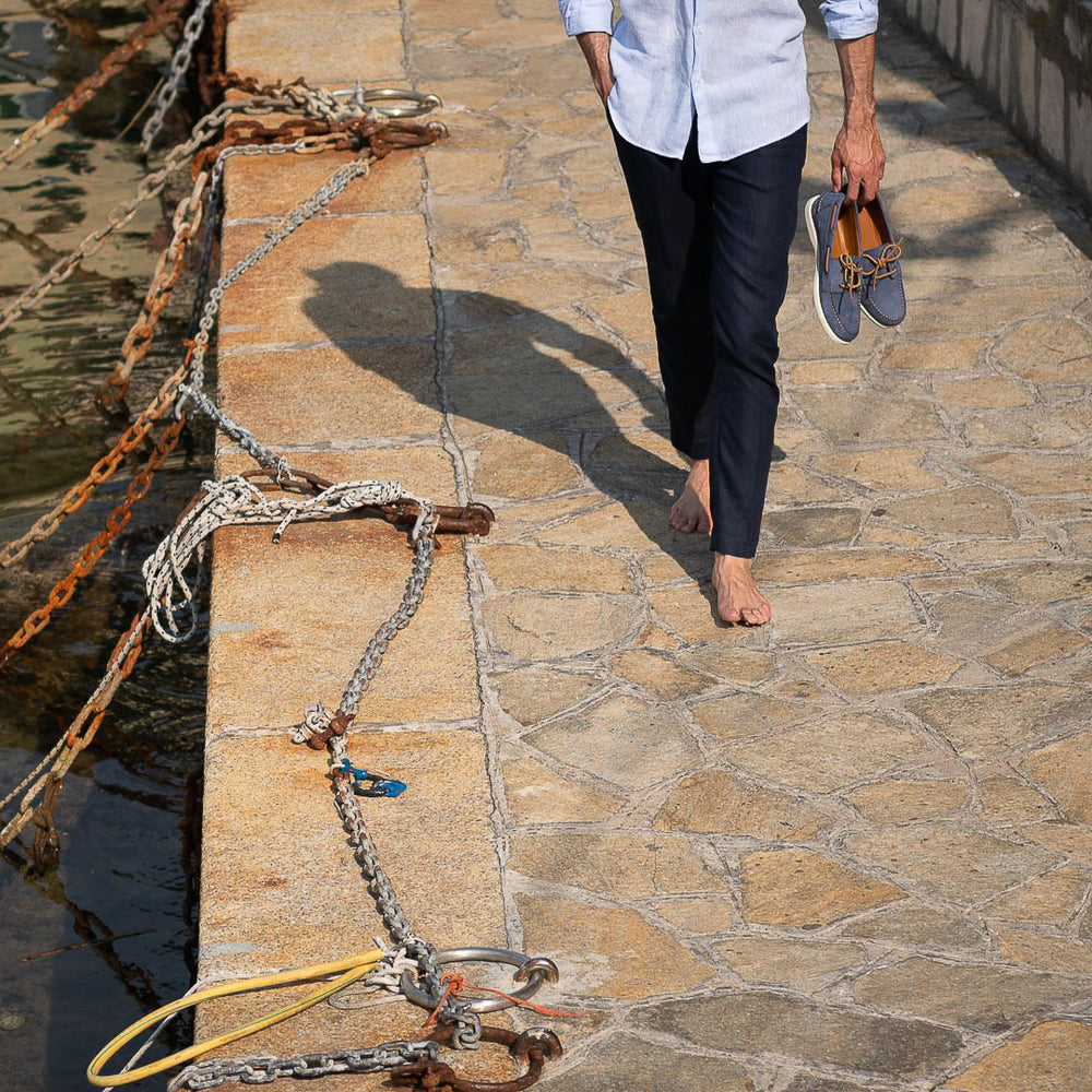 Men's Light Blue - Tobacco Brown Nubuck Laced Boat Shoes | Hides&Cult
